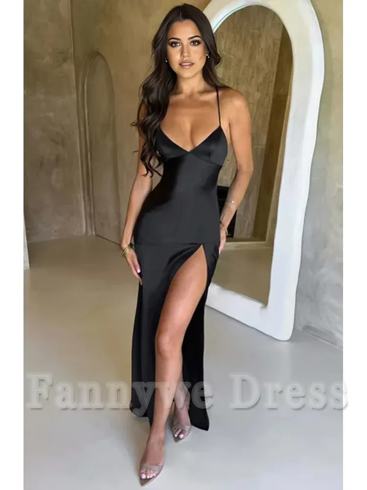 Elegant Spaghetti Strap Backless Lace-Up Split Satin formal dresses Bridesmaid Dresses evening gown Prom Dress