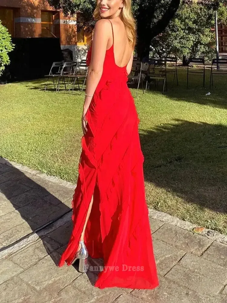 Elegant Spaghetti Straps Ruffles Red Long formal dresses Bridesmaid Dresses evening gown Prom Dress