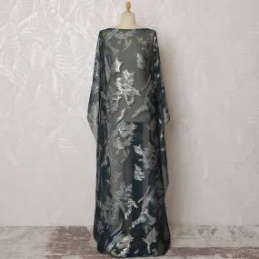 Elegant Teal Floral French (Fransawi) Somali Dirac Silk Chiffon Fabric with Metallic Lurex, 140 cm Width-D19684
