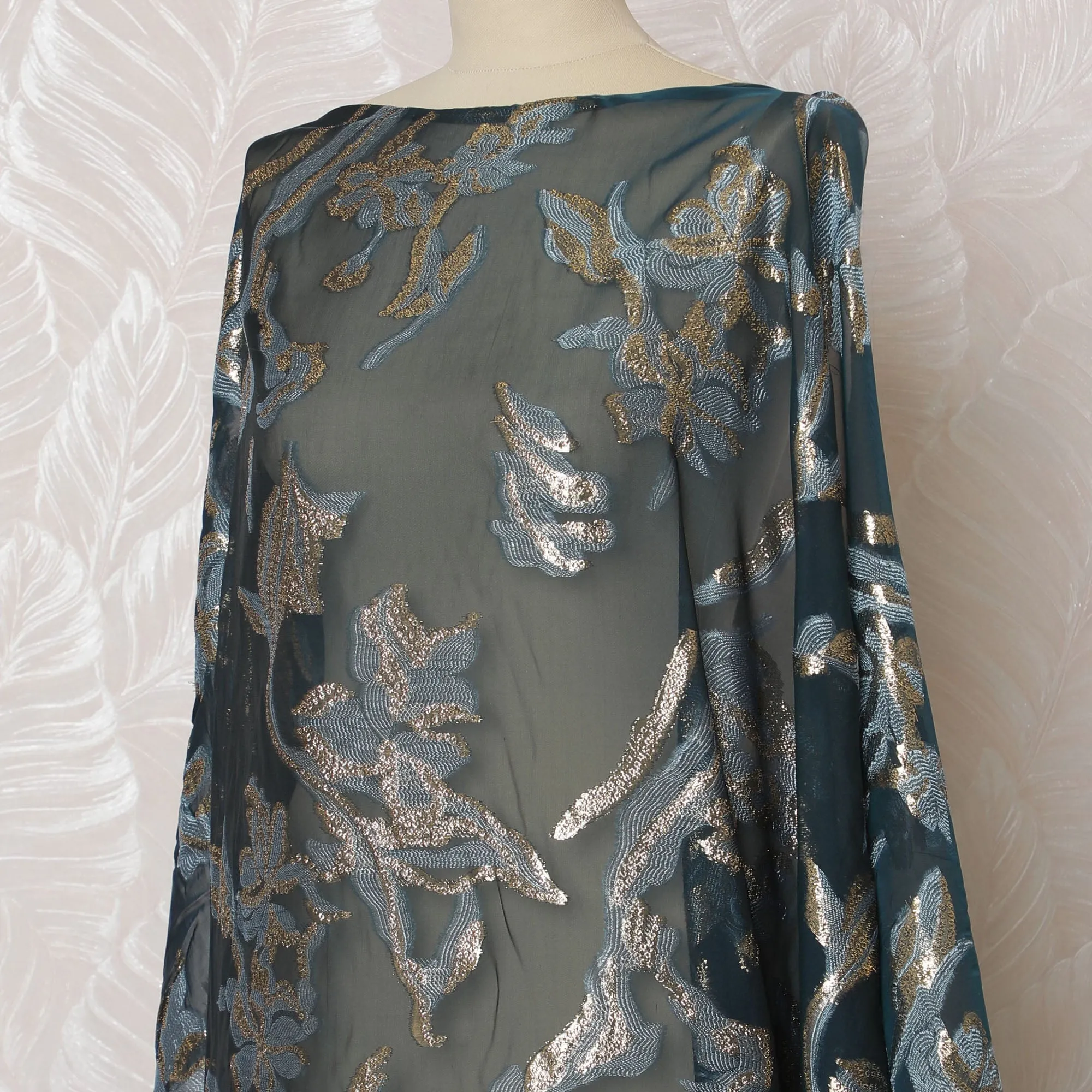 Elegant Teal Floral French (Fransawi) Somali Dirac Silk Chiffon Fabric with Metallic Lurex, 140 cm Width-D19684
