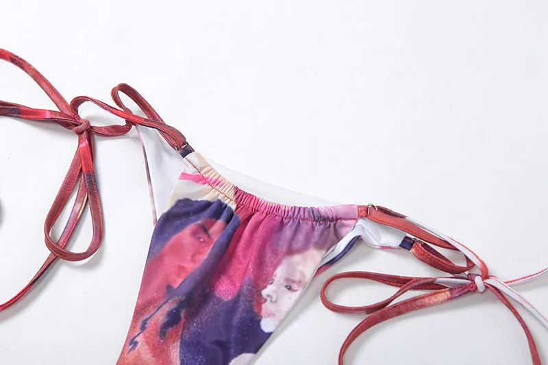 Europe Women Printed Strap Sexy Pants Bikini Sets Swimwear