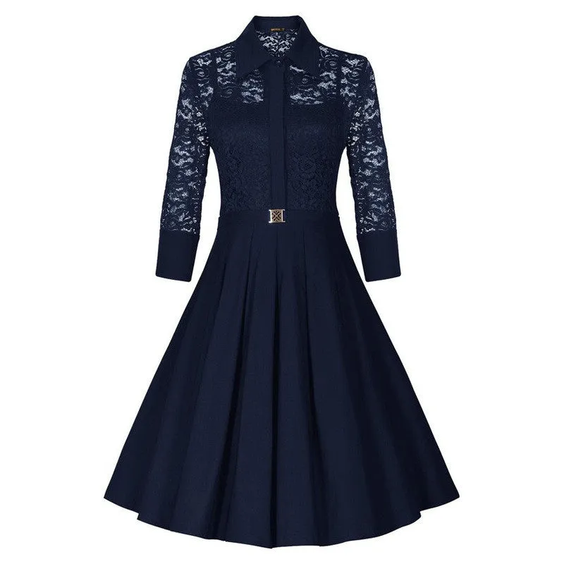 Fashion Lapel Hollow Out 3/4 Sleeve A-Line Knee-Length Dress