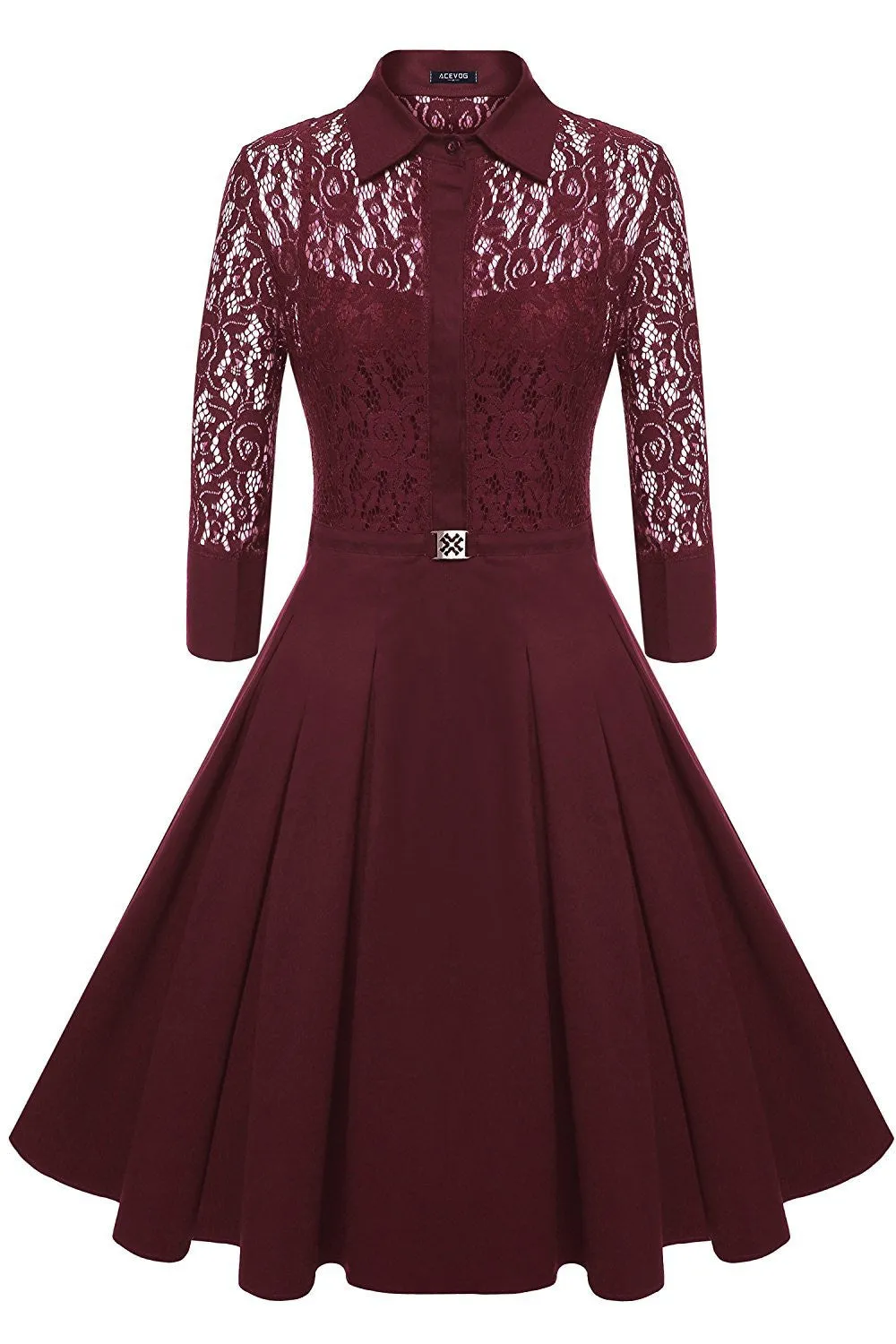 Fashion Lapel Hollow Out 3/4 Sleeve A-Line Knee-Length Dress