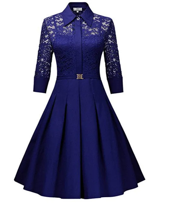 Fashion Lapel Hollow Out 3/4 Sleeve A-Line Knee-Length Dress