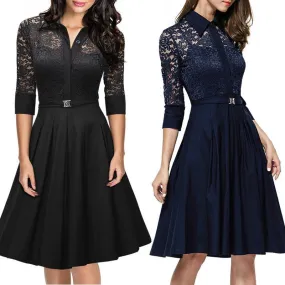 Fashion Lapel Hollow Out 3/4 Sleeve A-Line Knee-Length Dress