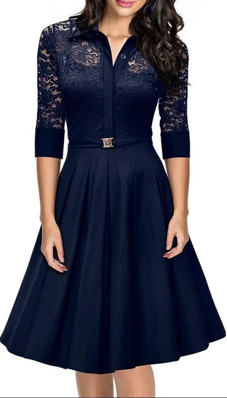 Fashion Lapel Hollow Out 3/4 Sleeve A-Line Knee-Length Dress