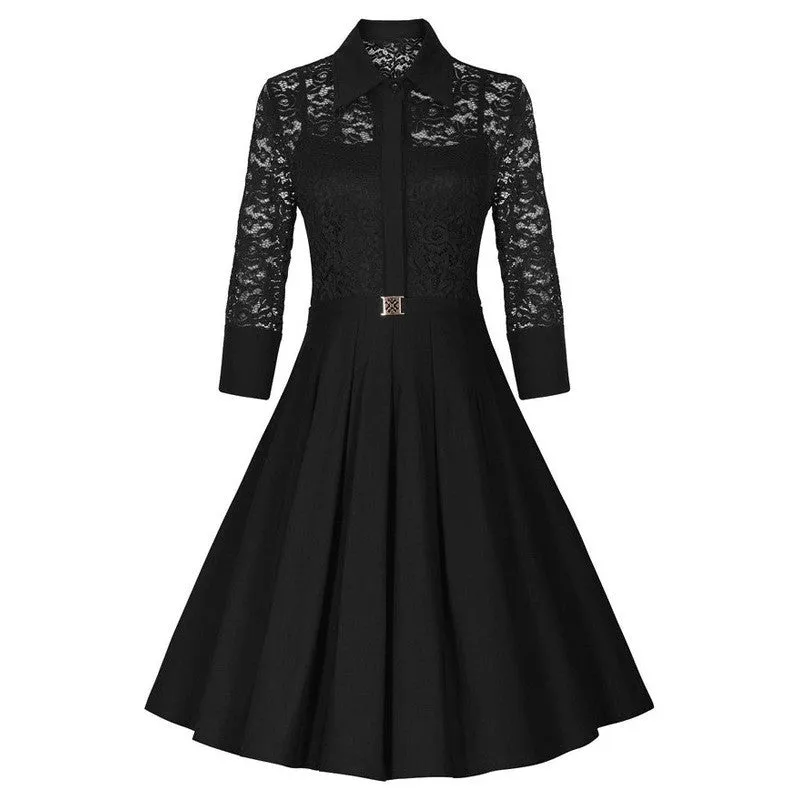 Fashion Lapel Hollow Out 3/4 Sleeve A-Line Knee-Length Dress