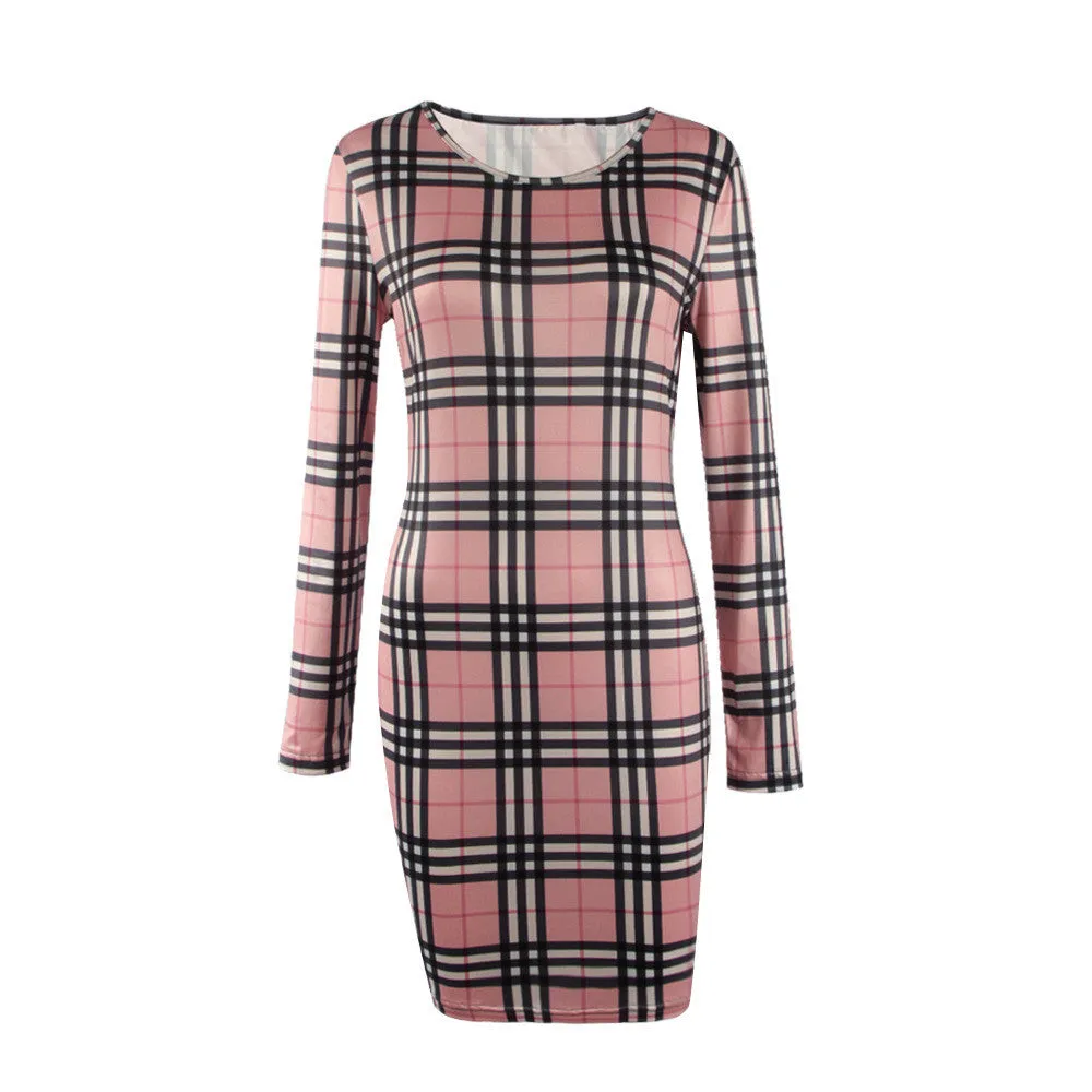 Fashion Plaid Print Long Sleeve Scoop Short Bodycon Dress