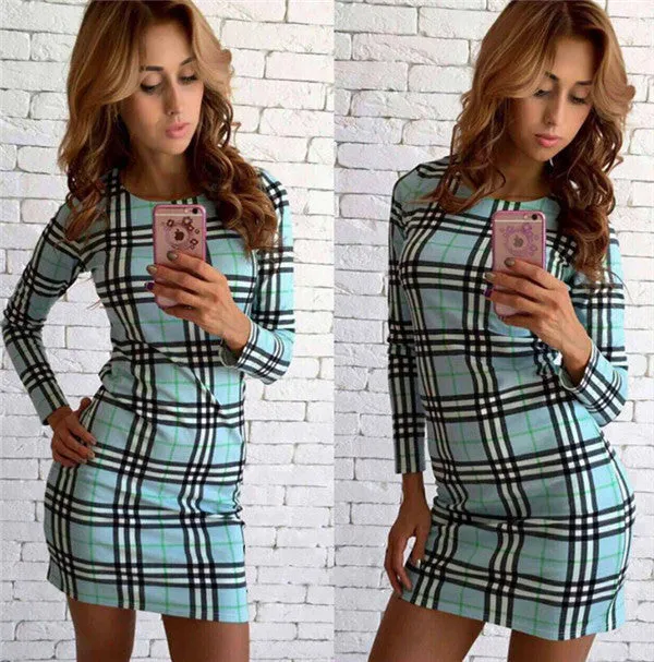 Fashion Plaid Print Long Sleeve Scoop Short Bodycon Dress