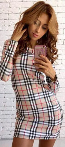 Fashion Plaid Print Long Sleeve Scoop Short Bodycon Dress