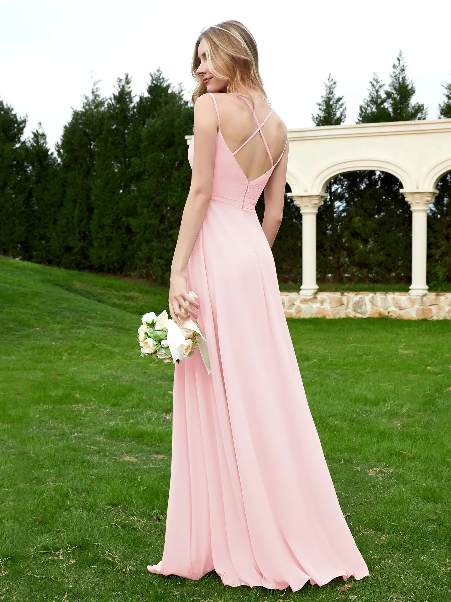 Floor Length V Neck Chiffon Bridesmaid Gown Blushing Pink