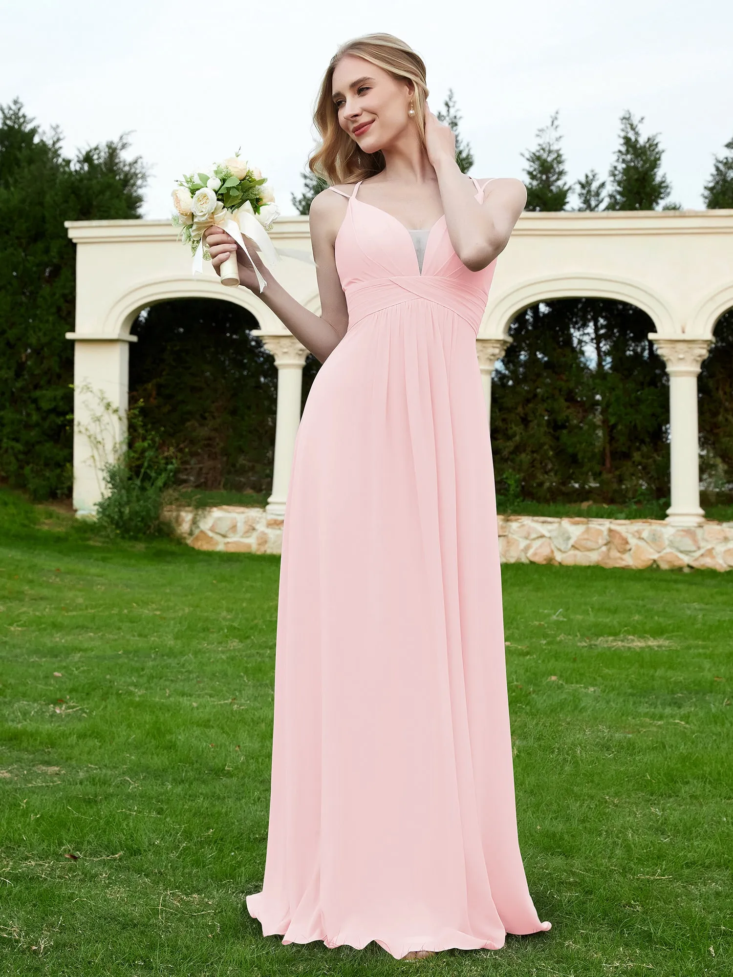 Floor Length V Neck Chiffon Bridesmaid Gown Blushing Pink