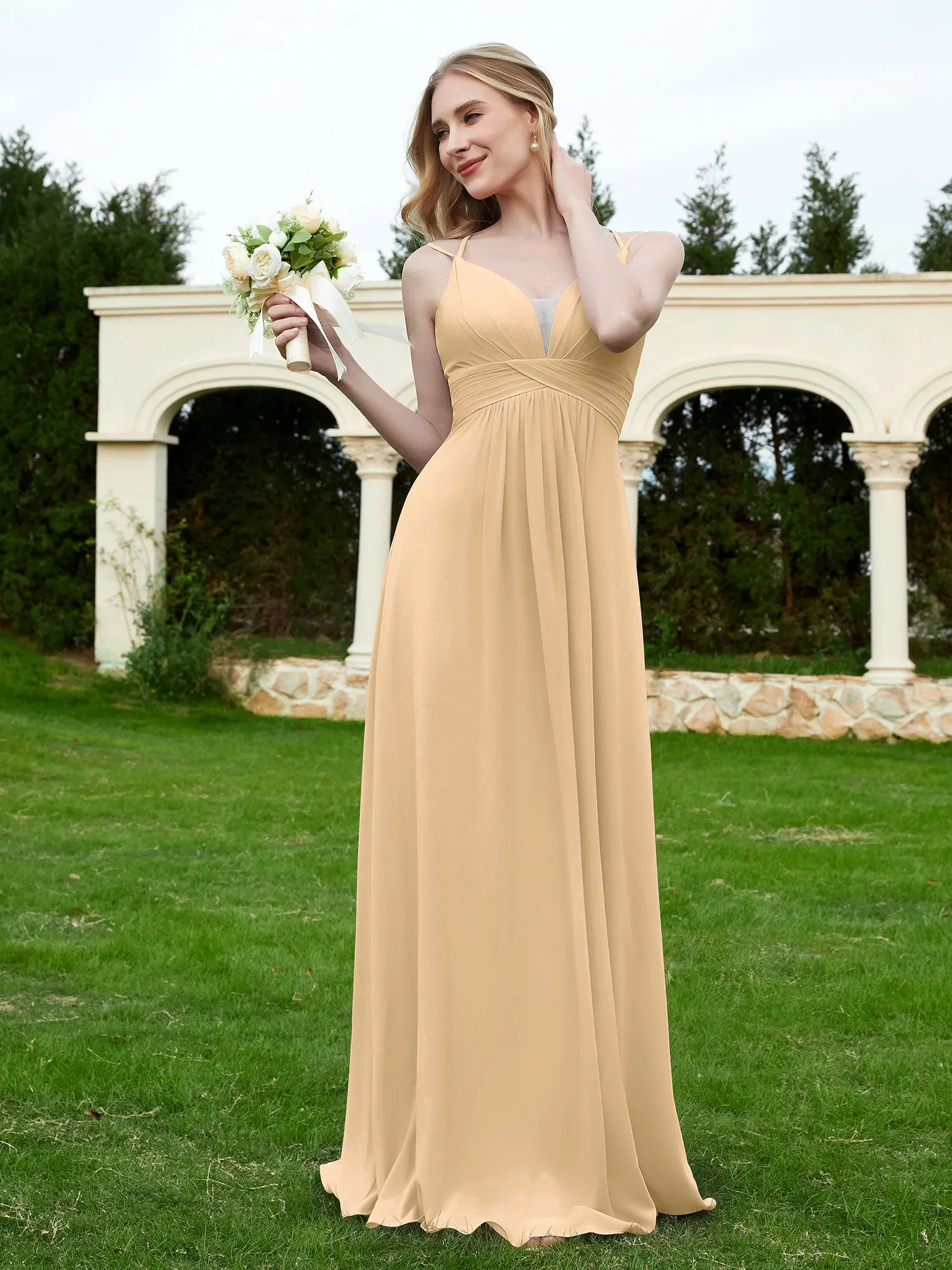 Floor Length V Neck Chiffon Bridesmaid Gown Champagne