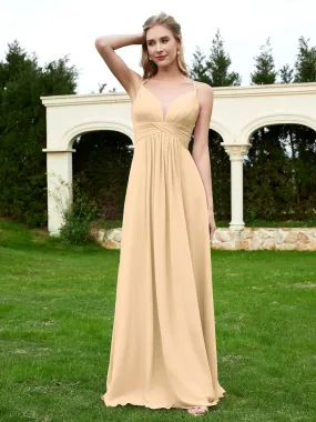 Floor Length V Neck Chiffon Bridesmaid Gown Champagne