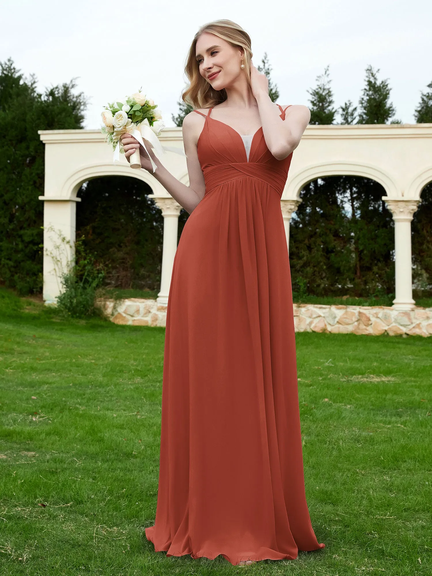Floor Length V Neck Chiffon Bridesmaid Gown Rust