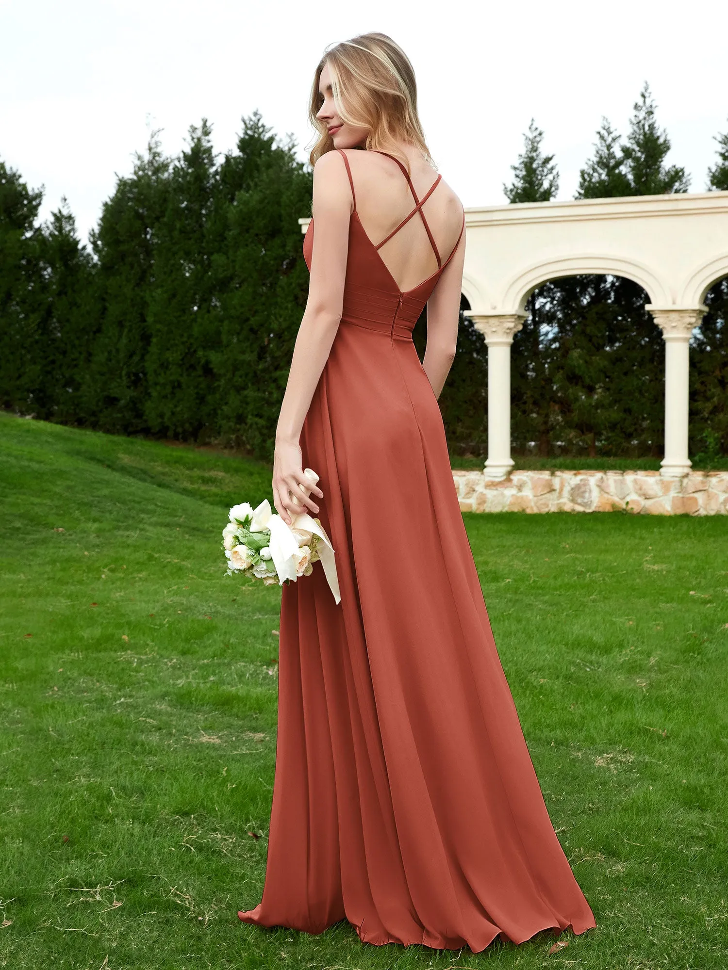 Floor Length V Neck Chiffon Bridesmaid Gown Rust