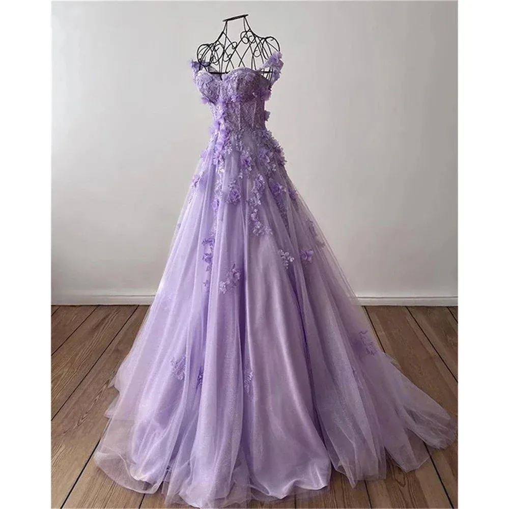 Girlary Purple Flowers A-line Sweetheart Fashion Tulle Evening Dress Backless Perspective Prom Gowns Strap Shoulder Formal Party Dresses