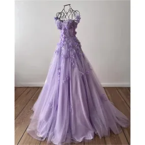 Girlary Purple Flowers A-line Sweetheart Fashion Tulle Evening Dress Backless Perspective Prom Gowns Strap Shoulder Formal Party Dresses