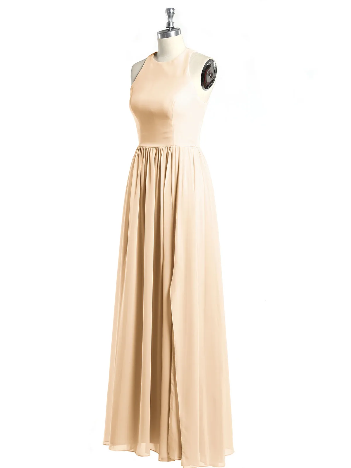 Halter Chiffon Simple Dress with Slit Peach