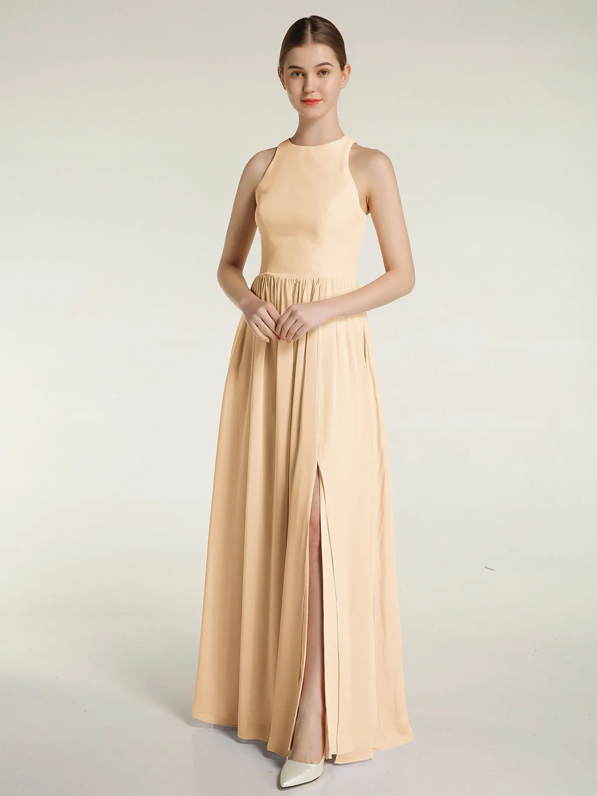 Halter Chiffon Simple Dress with Slit Peach