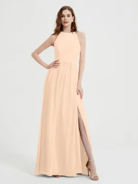 Halter Chiffon Simple Dress with Slit Peach