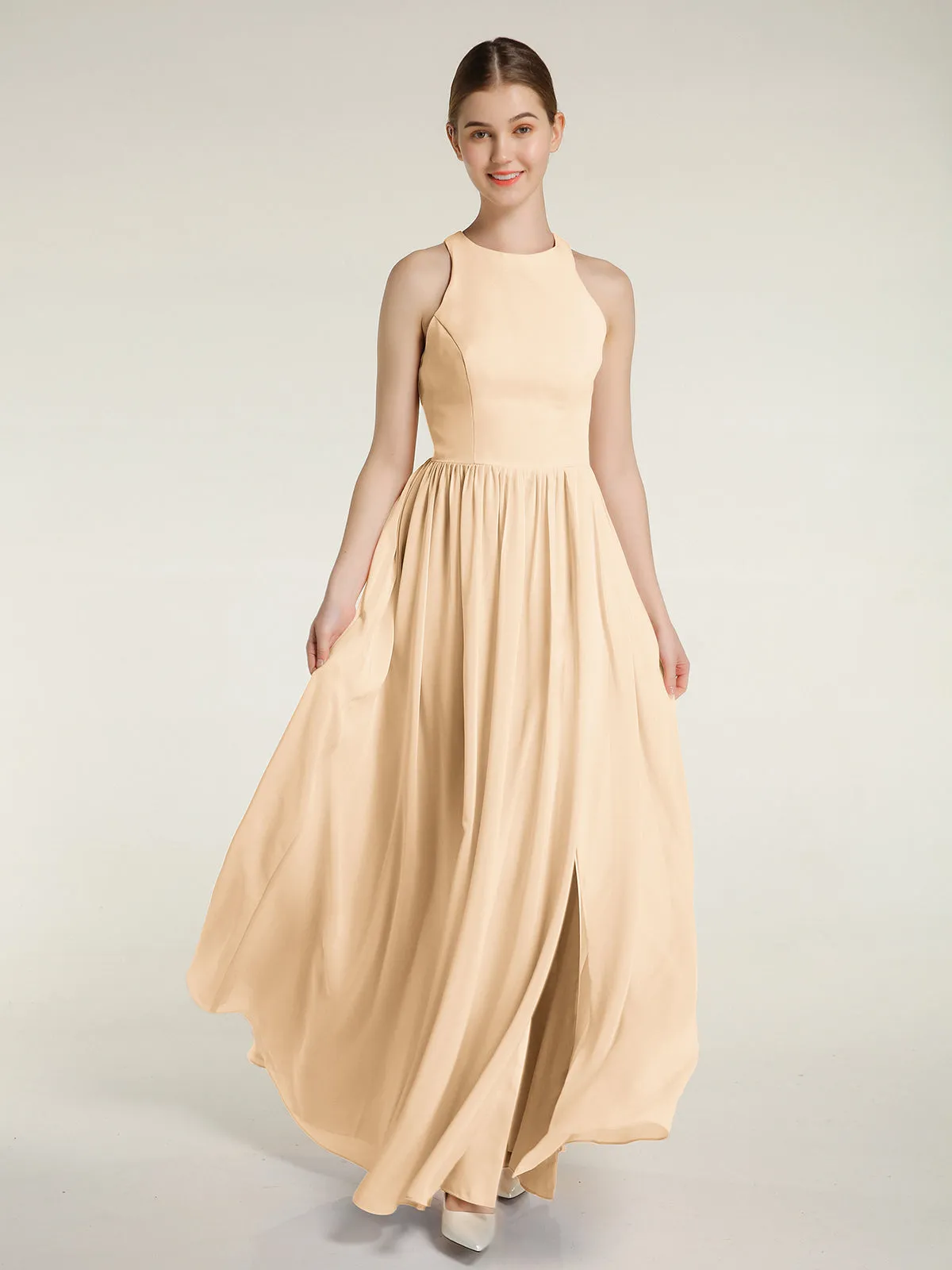 Halter Chiffon Simple Dress with Slit Peach