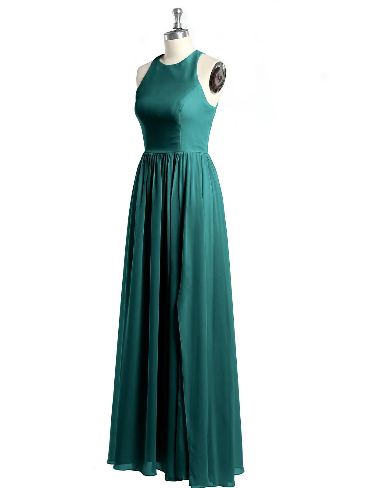 Halter Chiffon Simple Dress with Slit Peacock