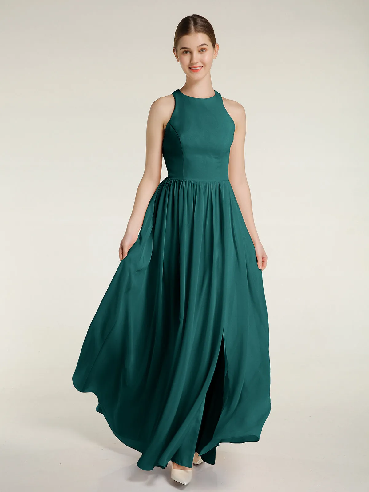 Halter Chiffon Simple Dress with Slit Peacock