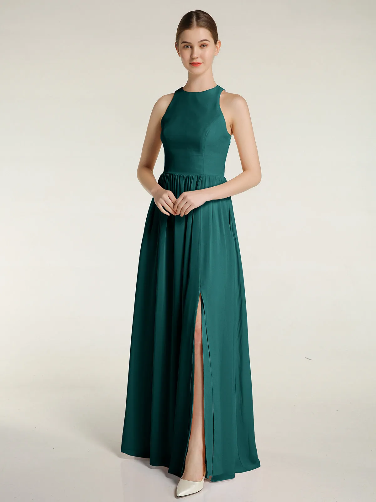 Halter Chiffon Simple Dress with Slit Peacock