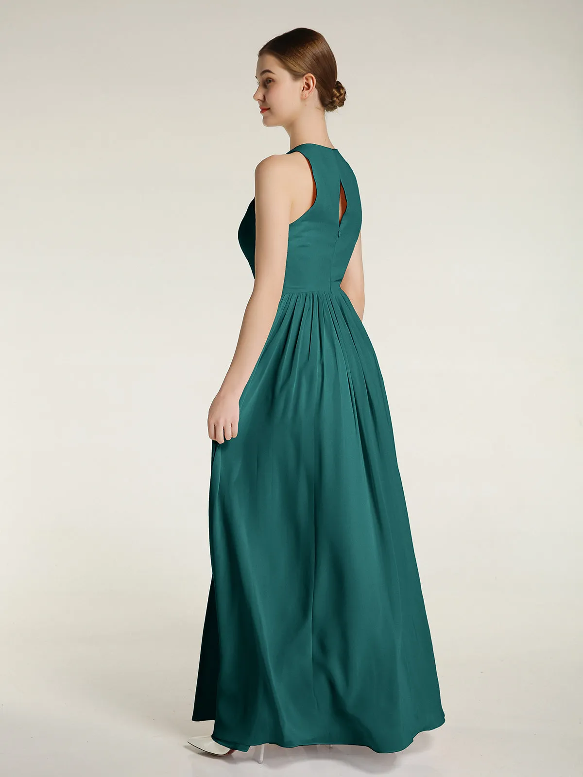 Halter Chiffon Simple Dress with Slit Peacock