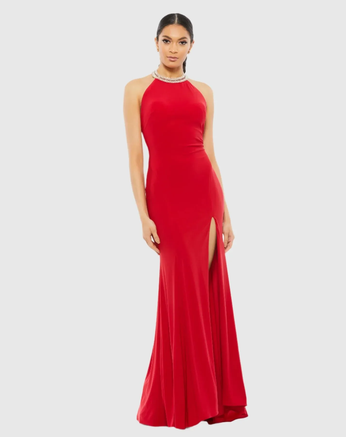 Halterneck beaded detail elegant gown - Red