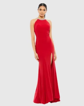 Halterneck beaded detail elegant gown - Red
