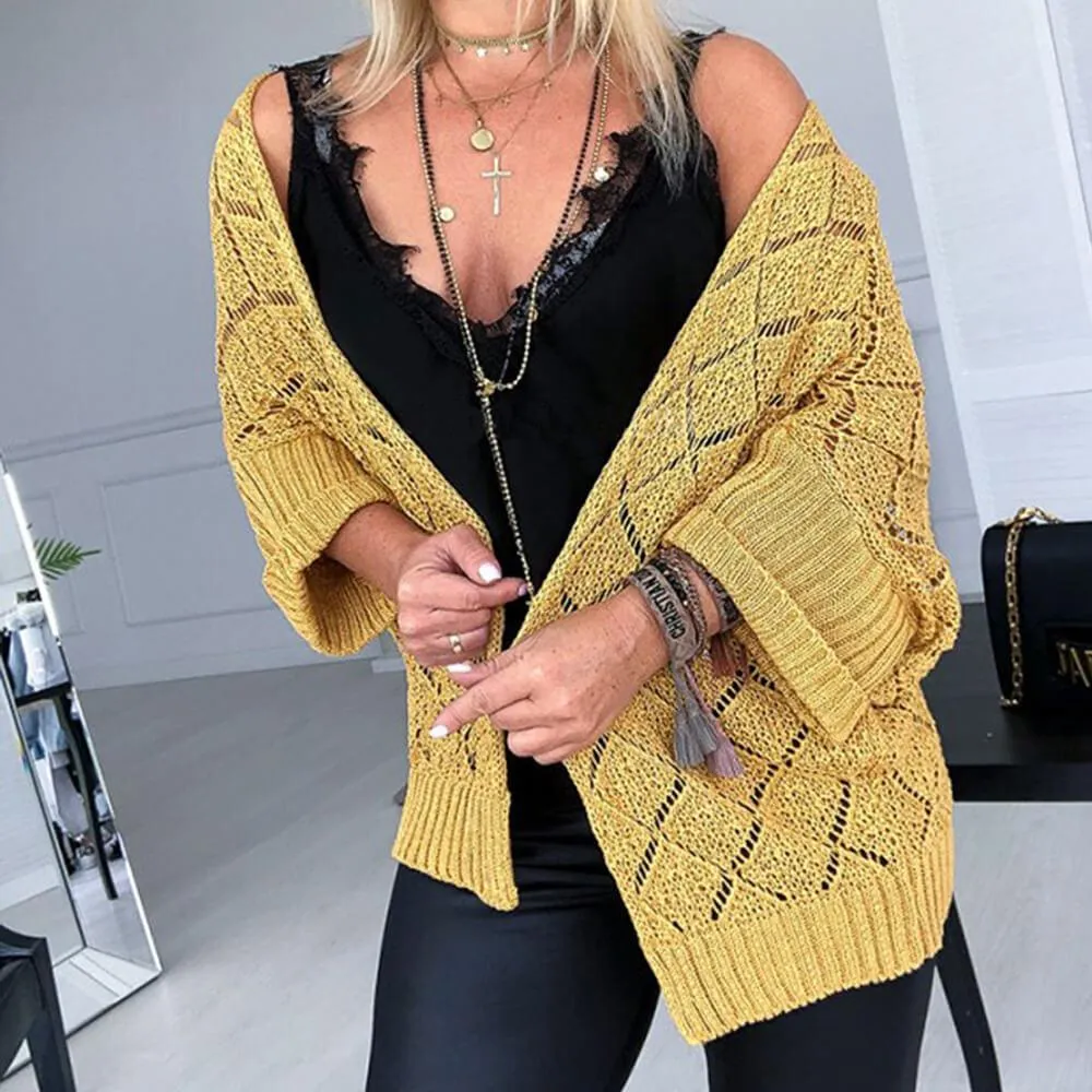 Hollow Out Knit Pure Color Cardigan Sweater