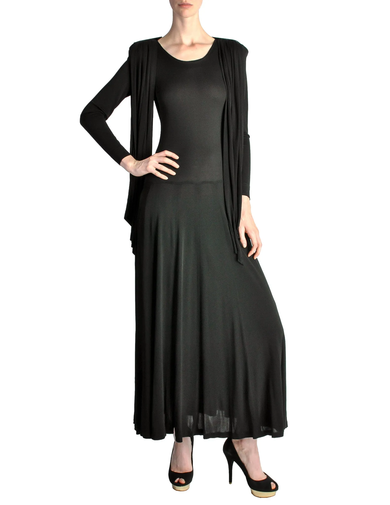 Jean Muir Vintage Black Shoulder Drape Panel Jersey Dress
