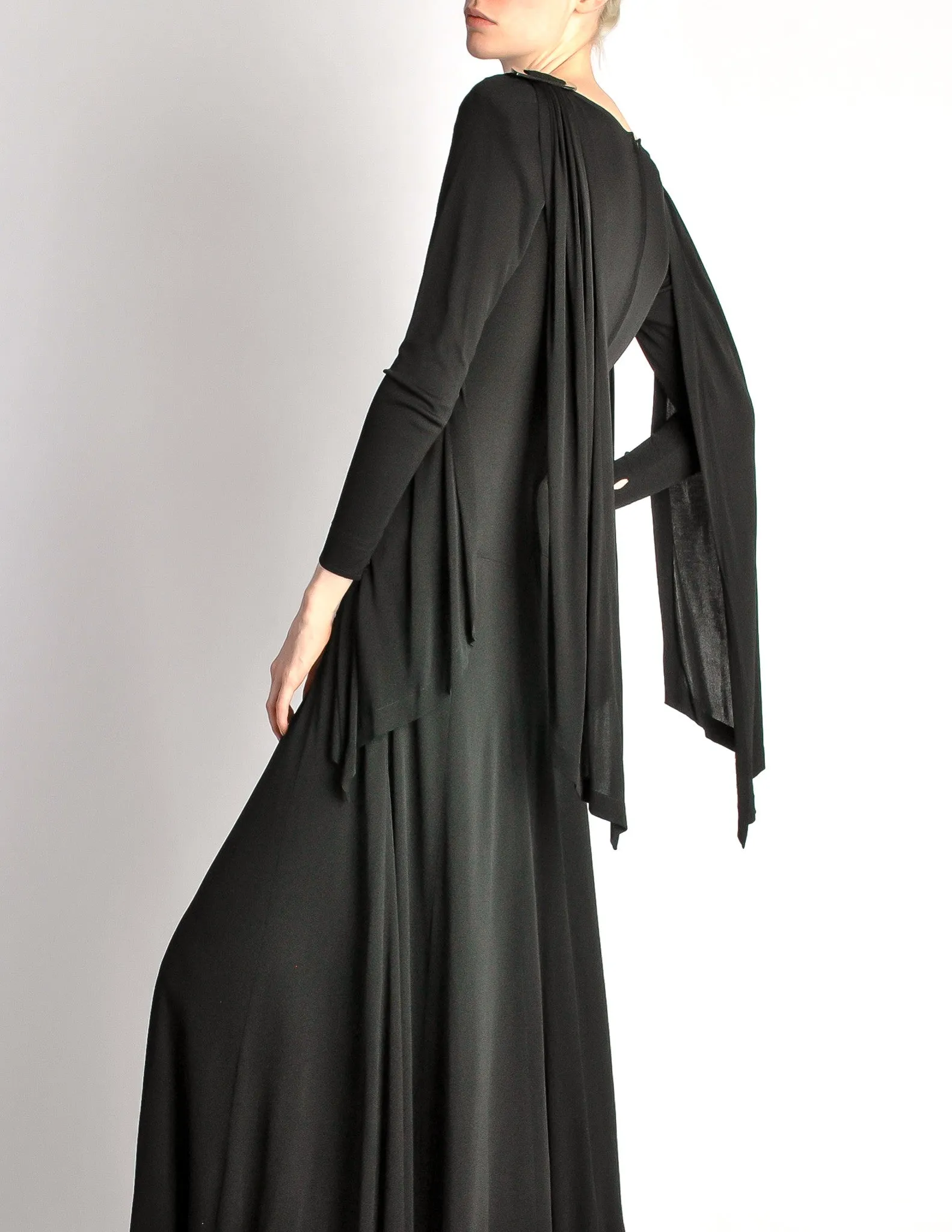 Jean Muir Vintage Black Shoulder Drape Panel Jersey Dress