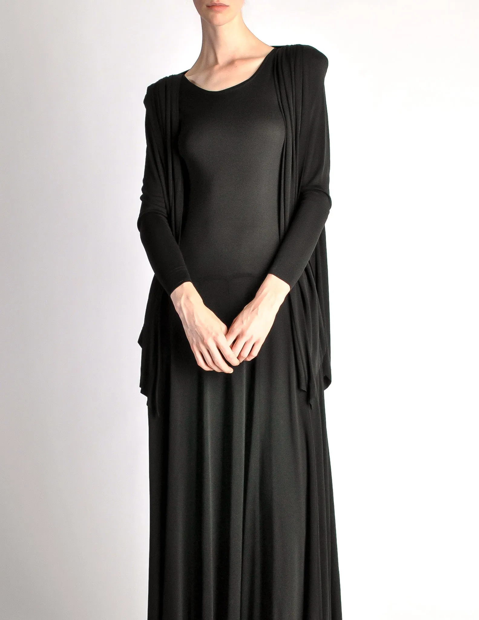 Jean Muir Vintage Black Shoulder Drape Panel Jersey Dress