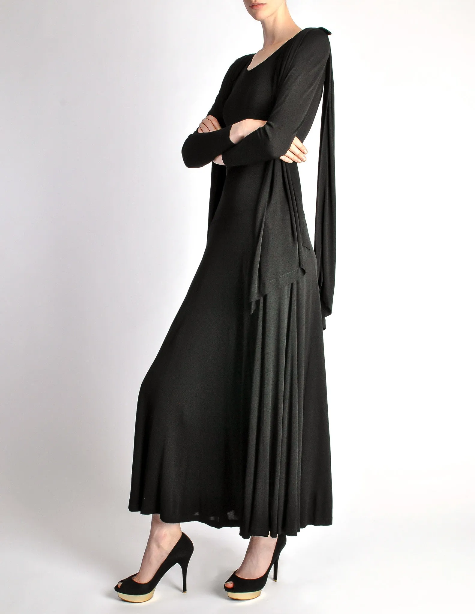 Jean Muir Vintage Black Shoulder Drape Panel Jersey Dress