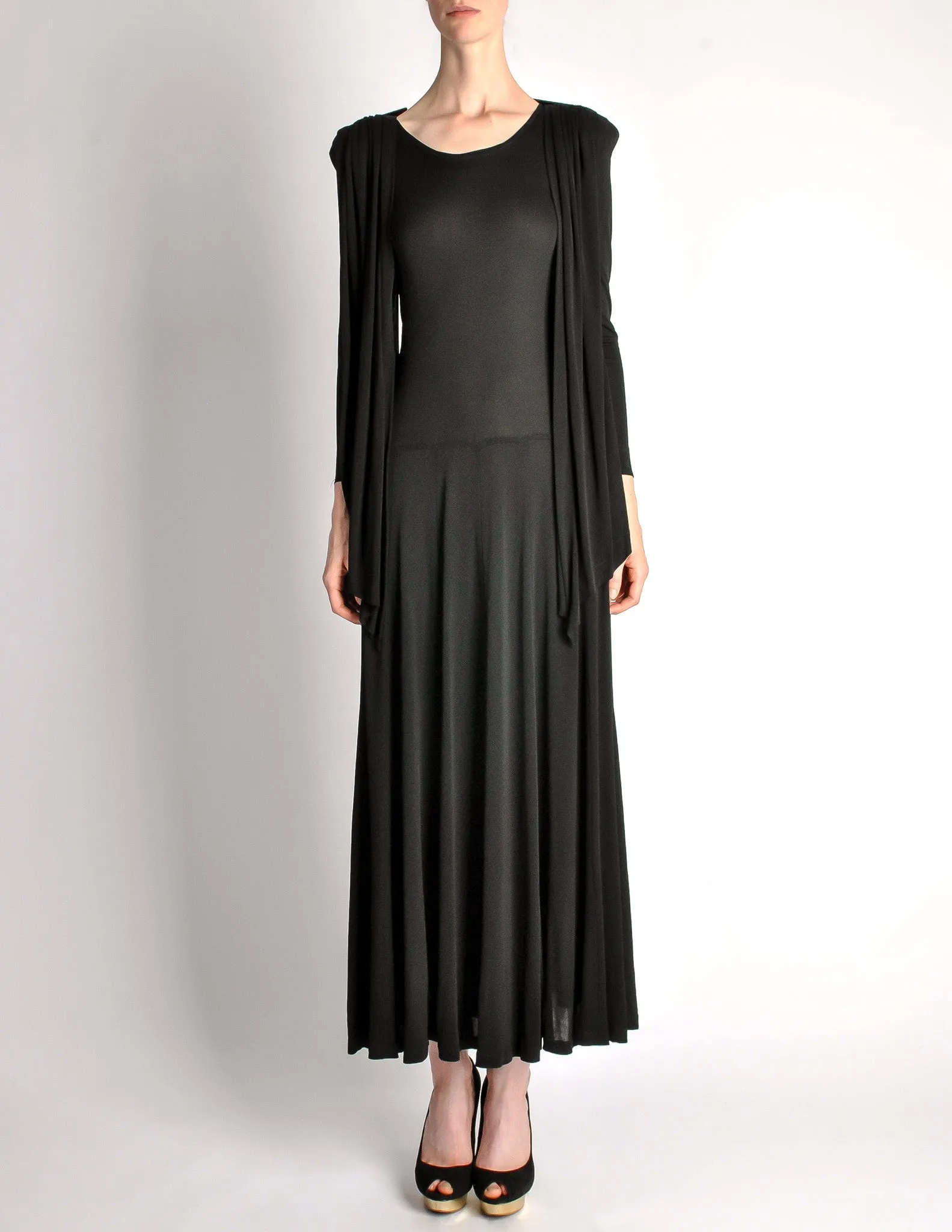 Jean Muir Vintage Black Shoulder Drape Panel Jersey Dress