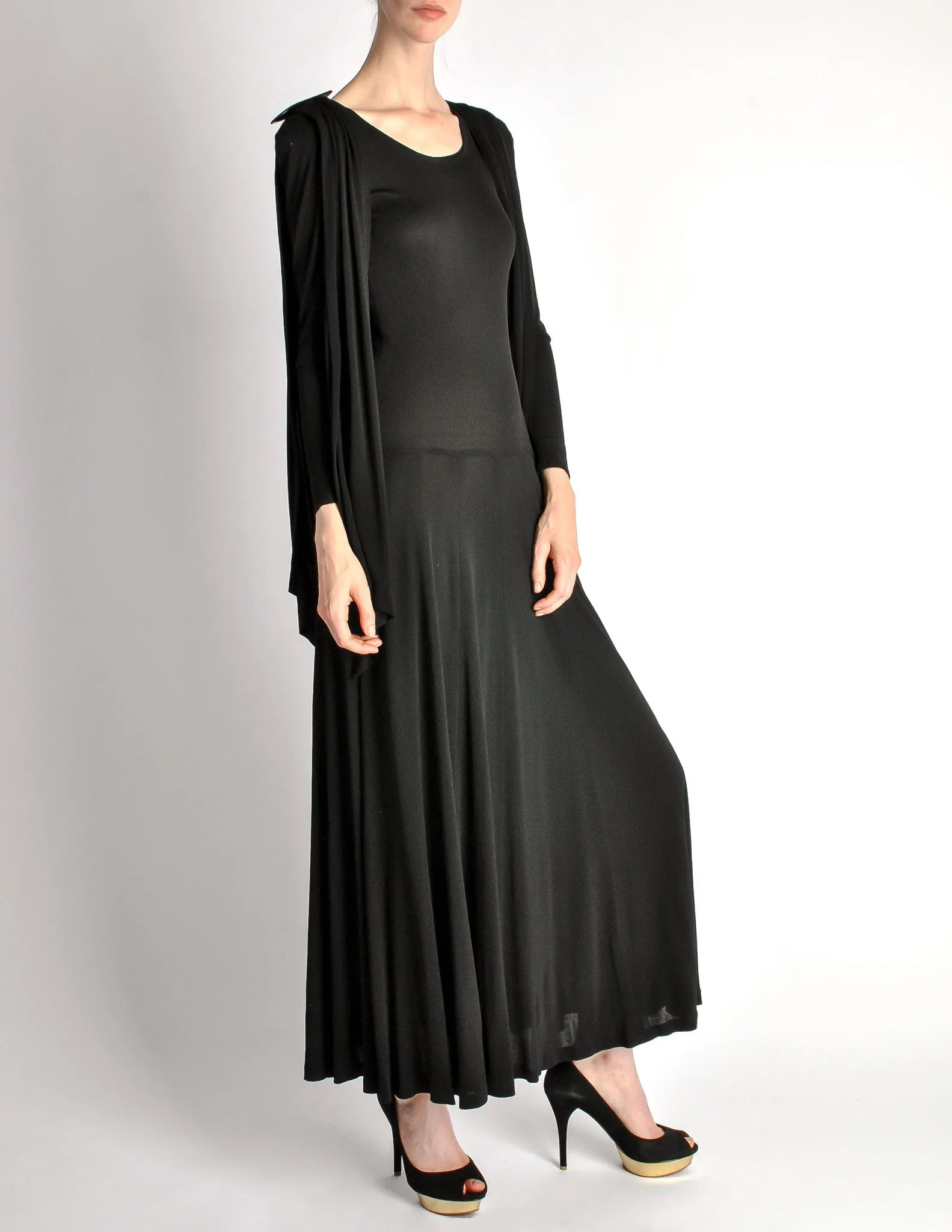Jean Muir Vintage Black Shoulder Drape Panel Jersey Dress