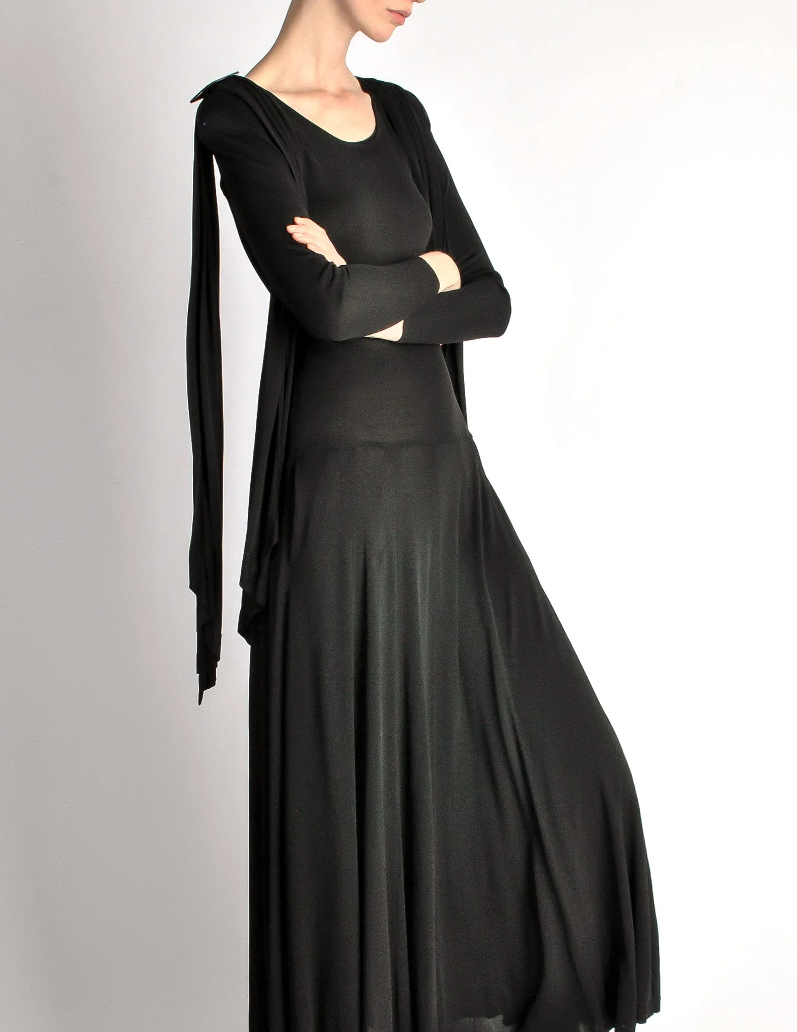 Jean Muir Vintage Black Shoulder Drape Panel Jersey Dress