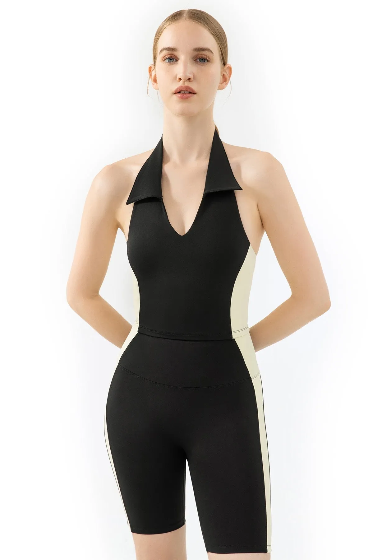 Lapel Halter Neck Open Back Tank Top