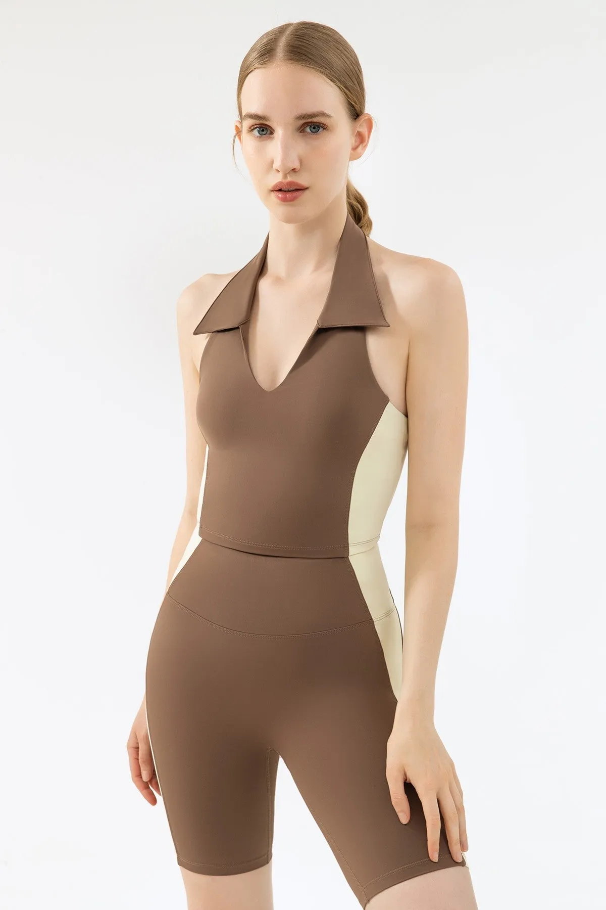 Lapel Halter Neck Open Back Tank Top