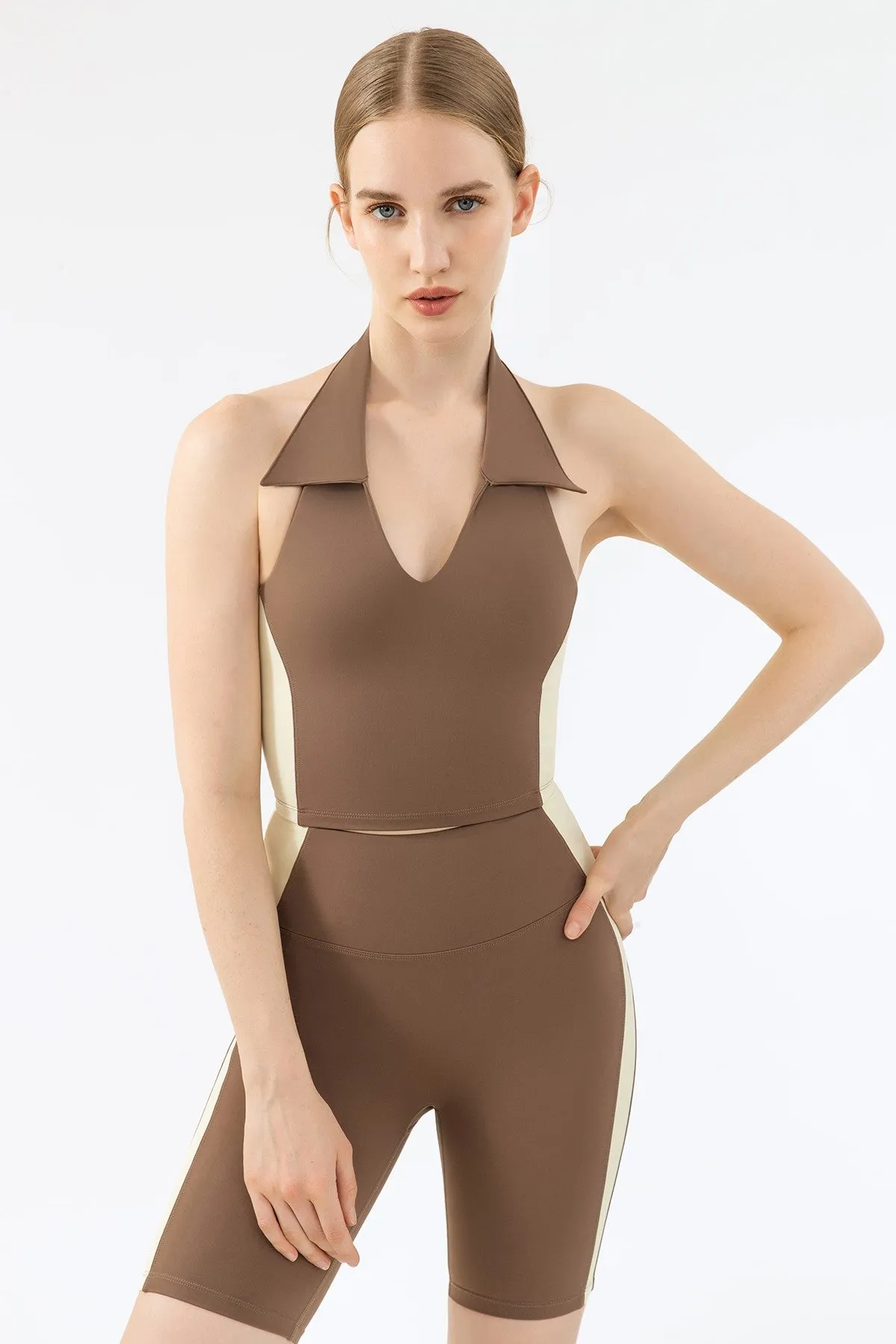 Lapel Halter Neck Open Back Tank Top