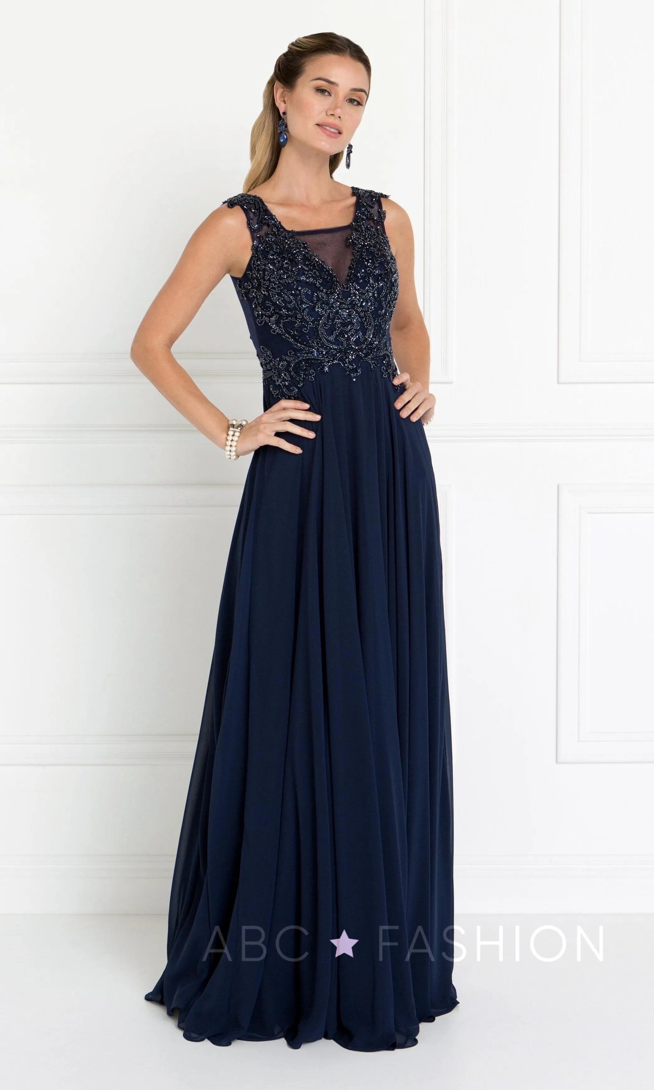 Long Dress with Beaded Illusion Bodice by Elizabeth K GL1566