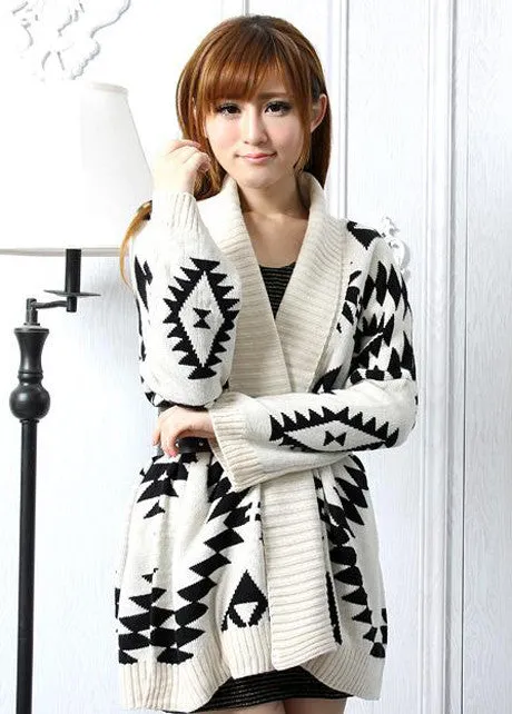 Loose Geometry Pattern Long Sleeve Knitting Wool Cardigan