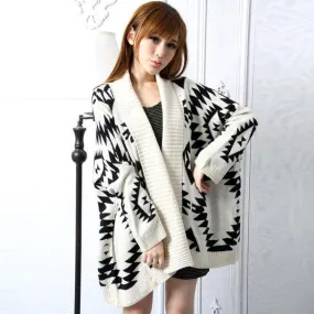 Loose Geometry Pattern Long Sleeve Knitting Wool Cardigan
