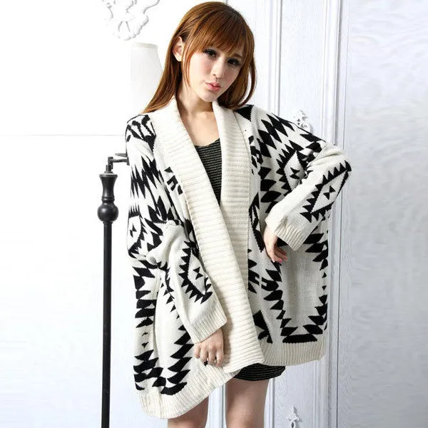Loose Geometry Pattern Long Sleeve Knitting Wool Cardigan