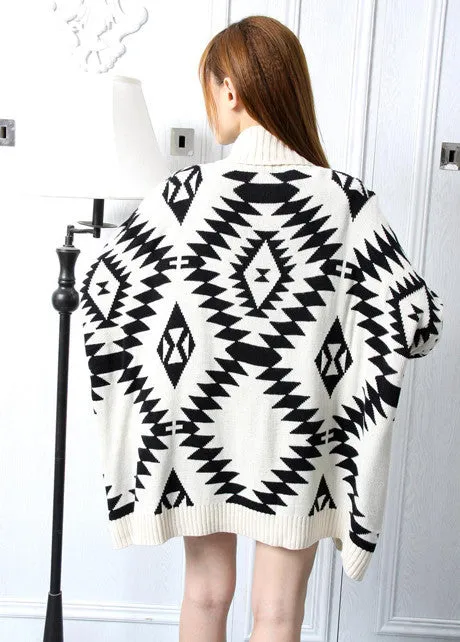 Loose Geometry Pattern Long Sleeve Knitting Wool Cardigan