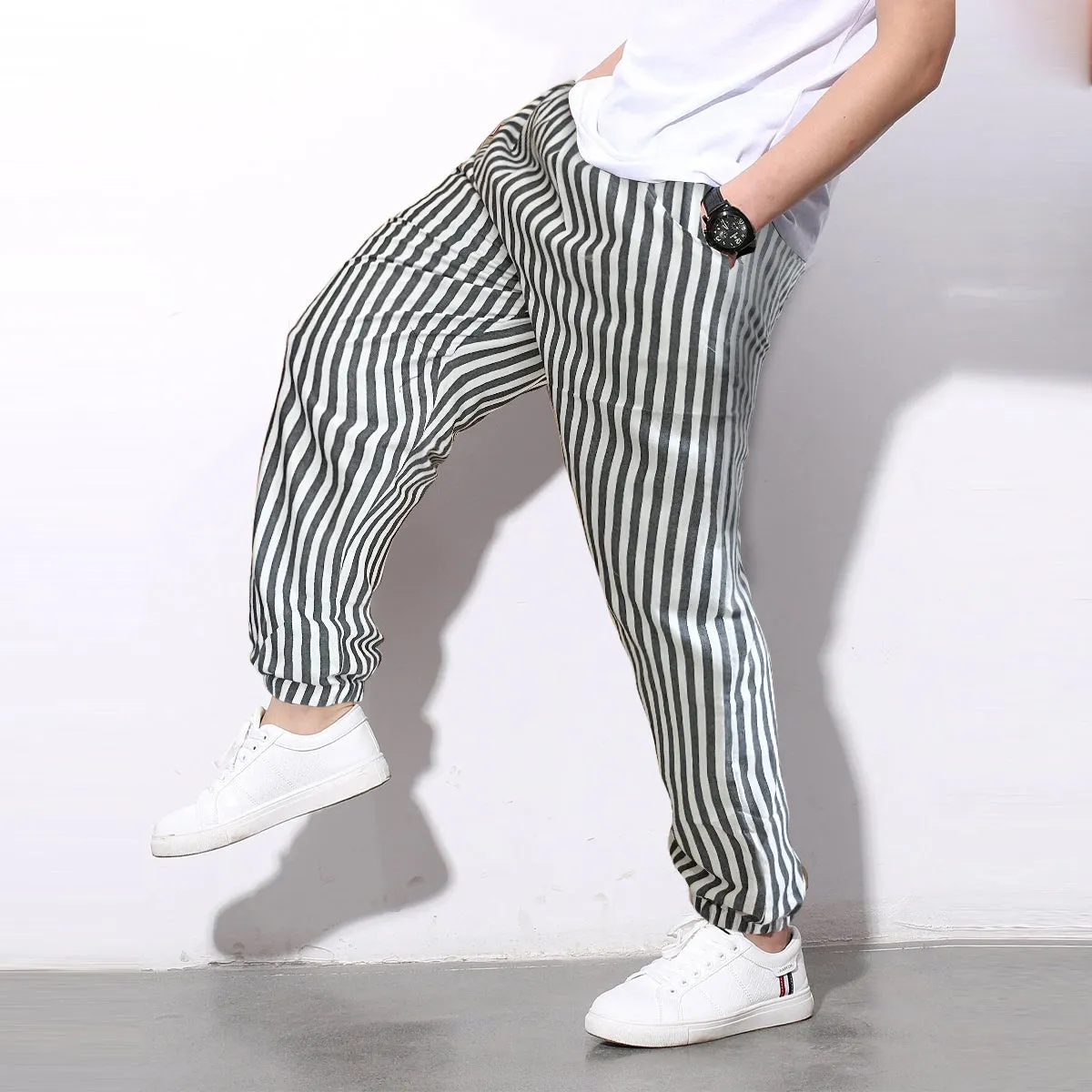 Loose Pants Grey Stripped And White Stripped Jogger Breathable Casual Harem Combo-Unisex Pants for Men and Women (Pack of 2)