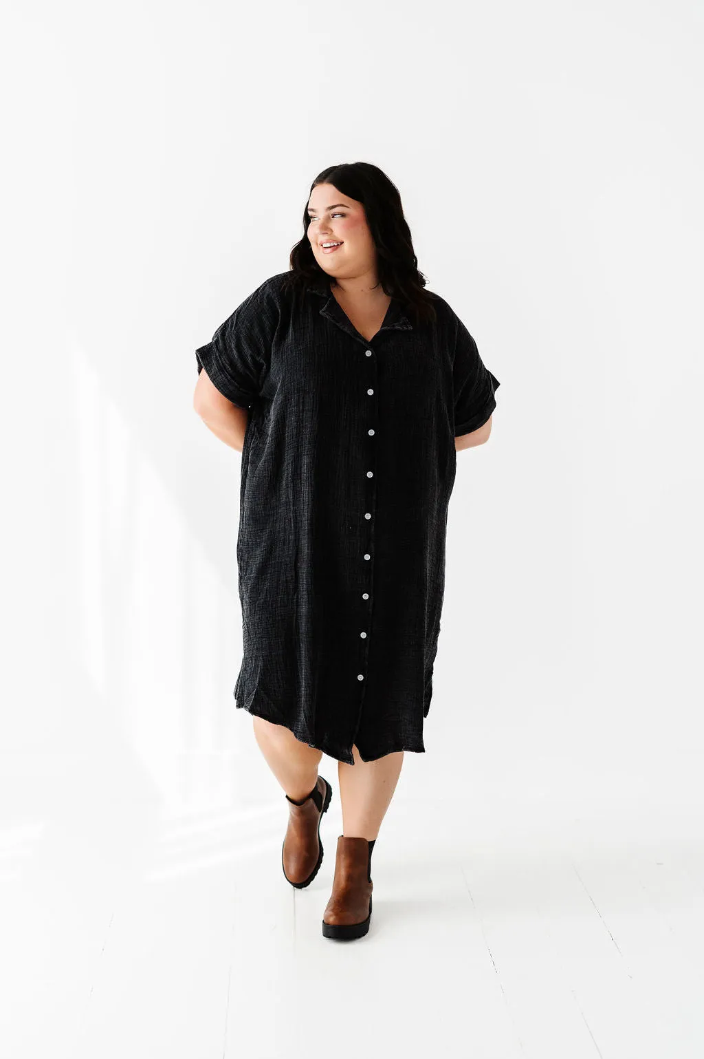 Malia Button Down Gauze Dress in Black